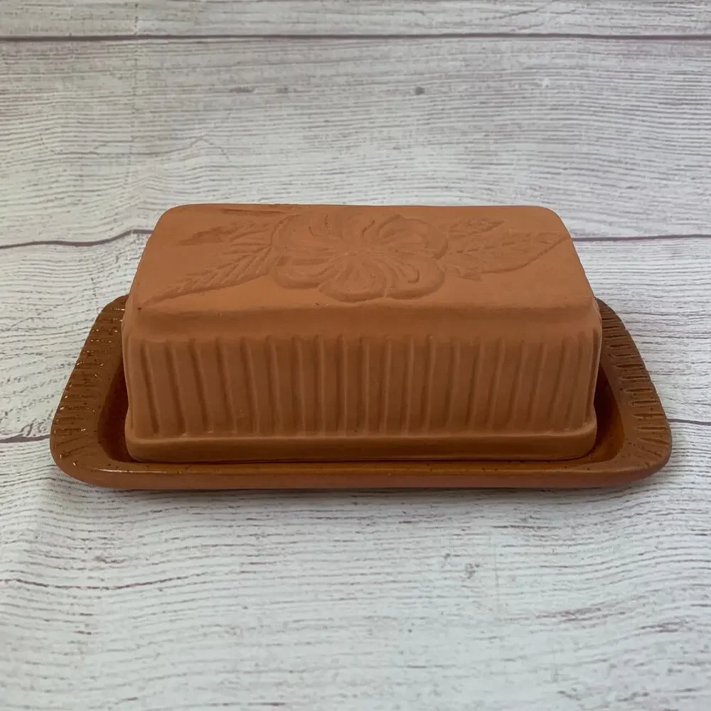 Vintage Terracotta Butter Dish Floral Textured Lid by American Container Co.